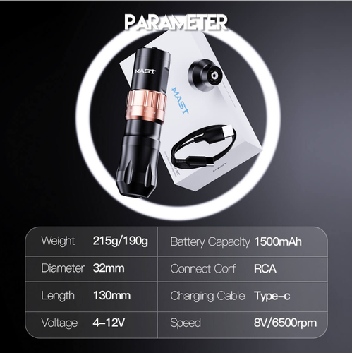 Mast Fold 2 Dragonhawk Wireless  Pen Tattoomaschine with 7 Stroke Length | 2 Akkus + RCA