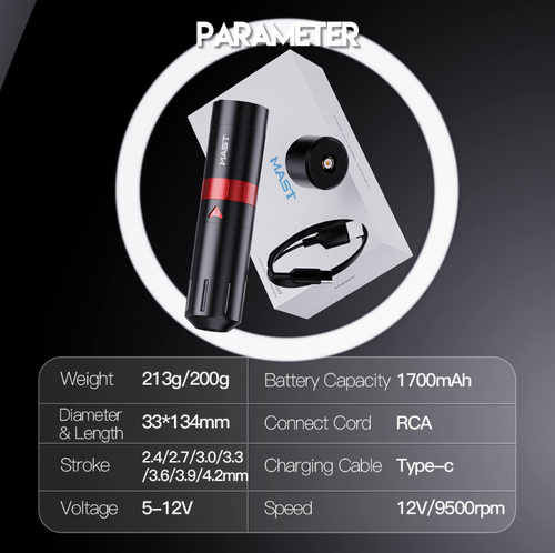 Mast Flip 2 - Pen mit 2 Akkus und RCA / verstellbarer Hub von  2.4 - 4.2 Tattoomaschine